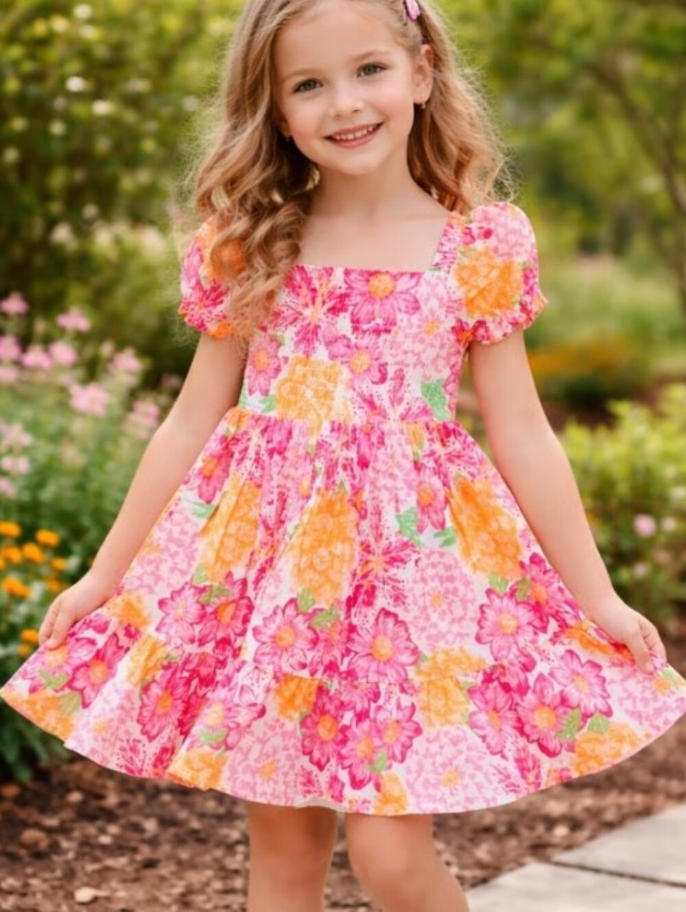 Joie Pink Floral Puff-Sleeve Dress with Pink & Orange Blooms Smocked Back